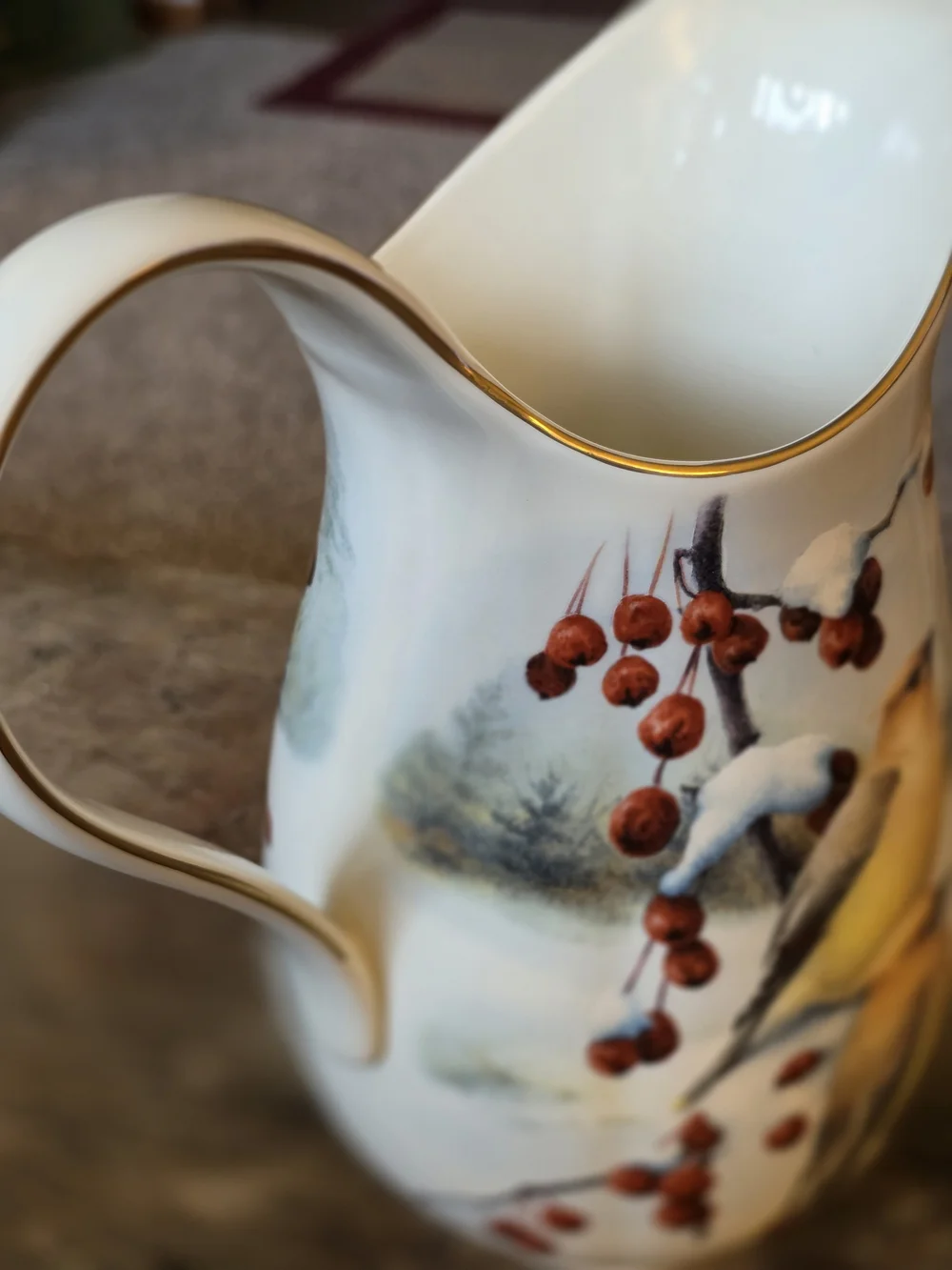 Lenox Ceramic Pitcher with Cardinal and Chickadee Illustration in Red and White
